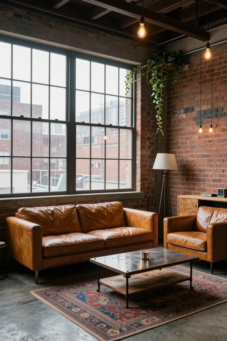 Living room with tan leather sectional sofa and armchair around a metal coffee table on a red and blue patterned rug, exposed brick walls, large industrial windows, hanging plants, and pendant lights in a loft space.
