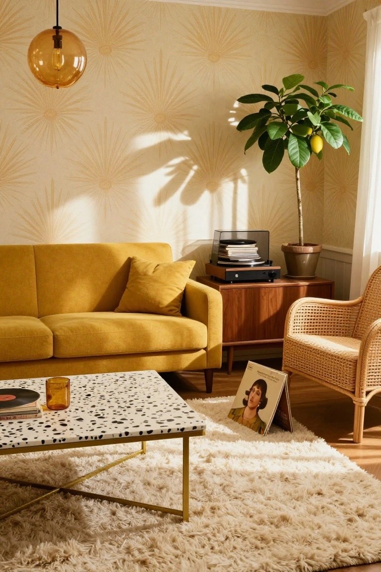 Living room with mustard yellow fabric sofa, cream wallpaper patterned with fan palms, potted lemon tree, wooden credenza holding a turntable, rattan armchair, glass-top coffee table with black spotted surface, and white shag rug.
