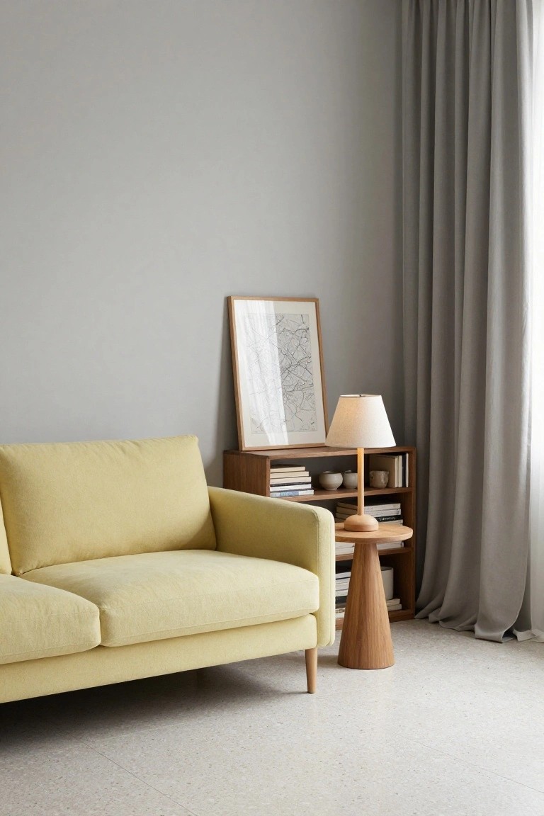 Pale yellow fabric sofa in a living room with light gray walls, wooden bookshelves holding books and ceramics, a tapered wooden side table, table lamp, and gray curtains beside a framed map print.