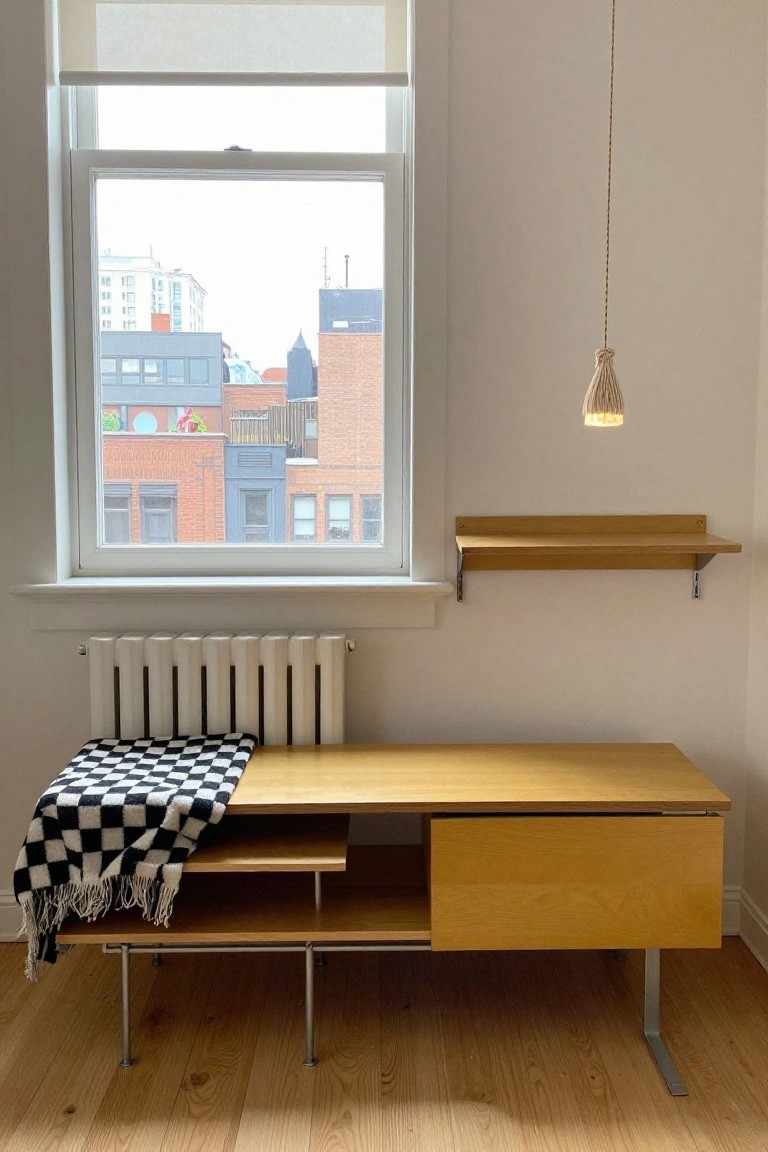 A light wooden bench with storage drawers and shelves sits under a large window in a white room, covered by a black and white checkered blanket, next to a white radiator and wooden wall shelf.