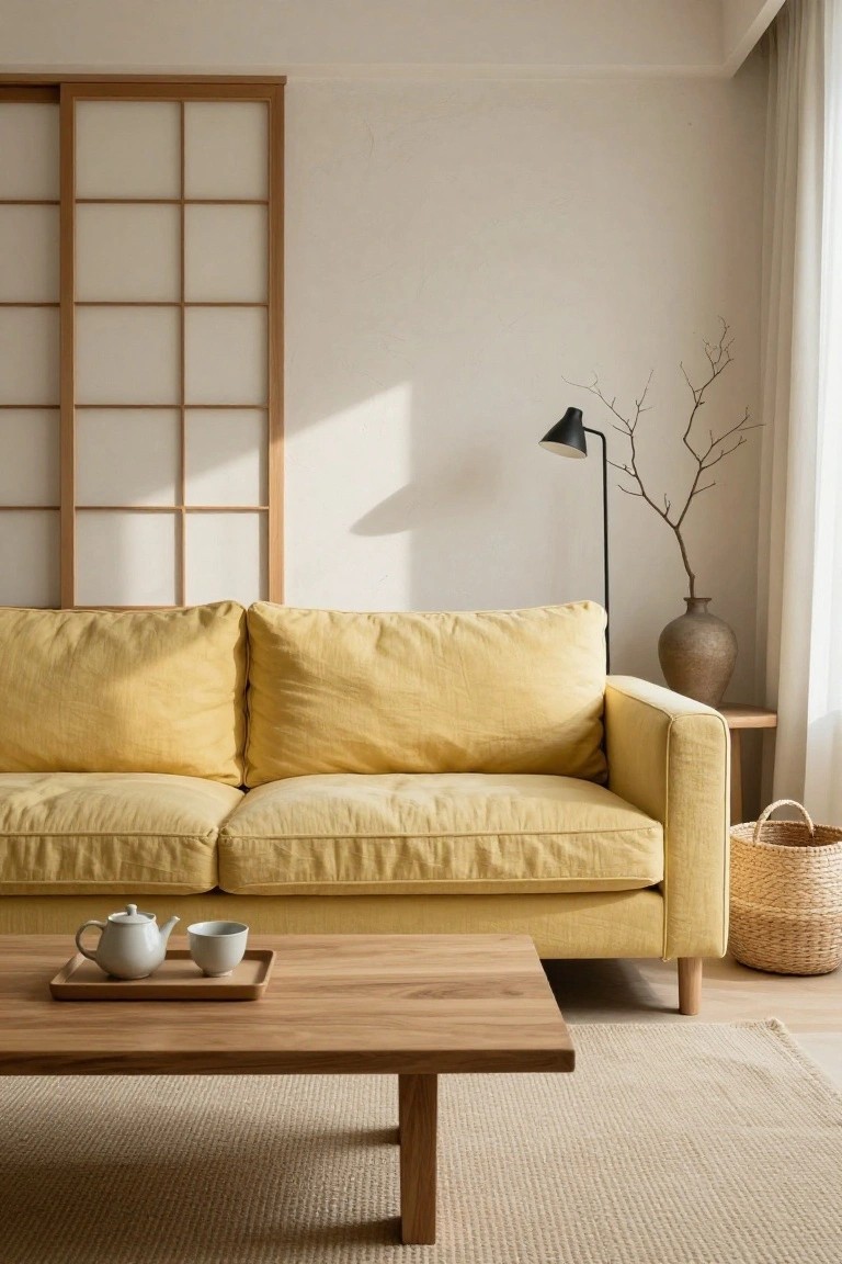 Mustard yellow linen couch in a minimalist living room featuring shoji screens, wooden coffee table with white teapot and cup on tray, floor lamp with branches, large ceramic vase, and beige rug.