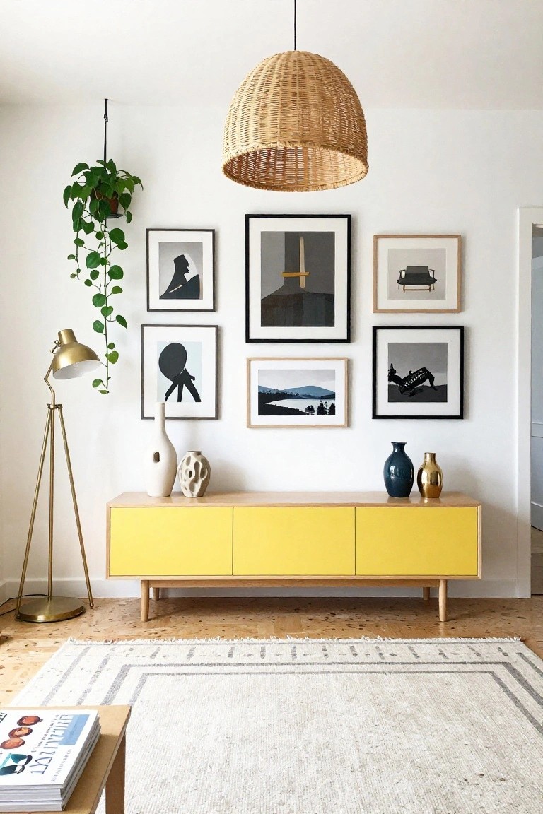 Living room with bright yellow credenza topped by white and blue vases, gold floor lamp and potted plant nearby, gallery wall of black-and-white framed art on white wall, rattan pendant light overhead, light wood floors and beige rug.