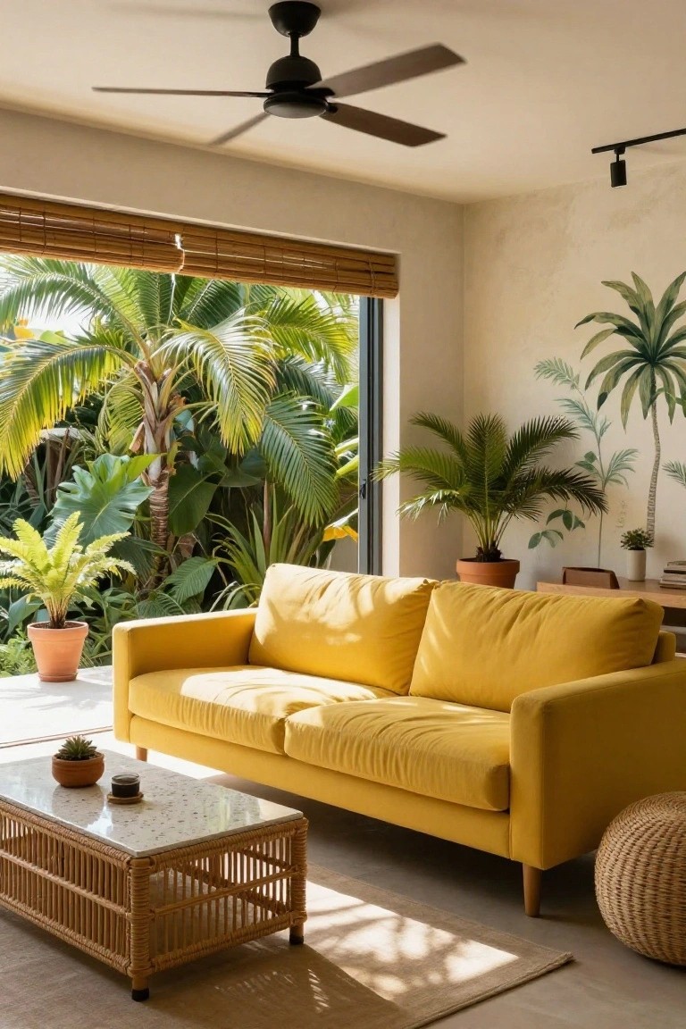 Bright yellow sofa in a light beige living room with palm wall art, indoor plants in terracotta pots, rattan coffee table, ceiling fan, and sliding doors open to lush tropical garden outside.