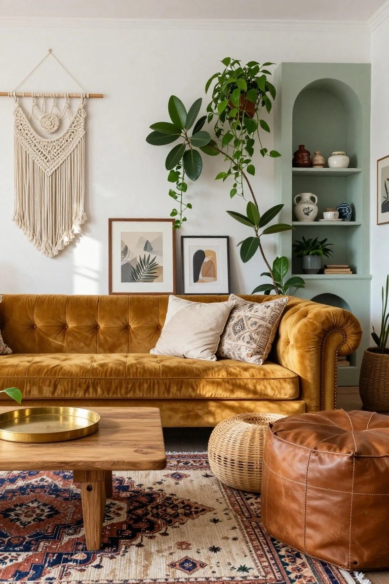 Living room with mustard yellow tufted velvet sofa, white pillows, macrame wall hanging, potted plants, arched green wall niche with ceramics, framed art, wooden coffee table with brass tray, rattan and leather poufs, and patterned rug.