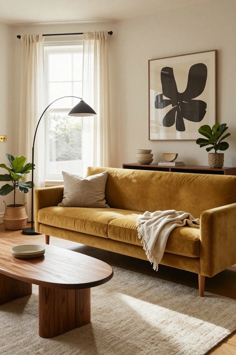 Living room with mustard yellow velvet three-seater sofa, oval wooden coffee table holding a beige bowl, two potted fiddle leaf fig plants, arc floor lamp, wooden credenza with ceramics, large framed abstract black line drawing on cream wall, and sheer curtains on window.