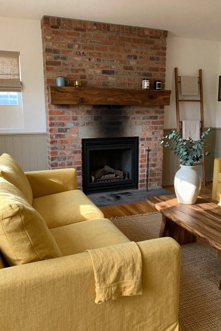 Living room with mustard yellow linen sofa facing a brick fireplace on a hearth, wooden mantel shelf holding candles and mug, white vase of eucalyptus branches nearby, wooden coffee table on hardwood floor with seagrass rug.