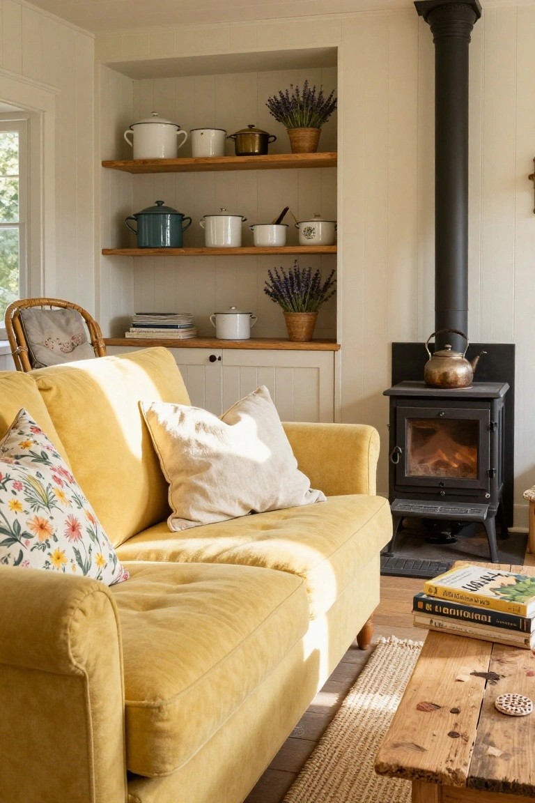 Cozy living room interior with a yellow velvet sofa facing a wood-burning stove, open wooden shelves displaying white and colored enamelware pots and lavender plants, a wooden coffee table, rattan chair, and books on the floor.