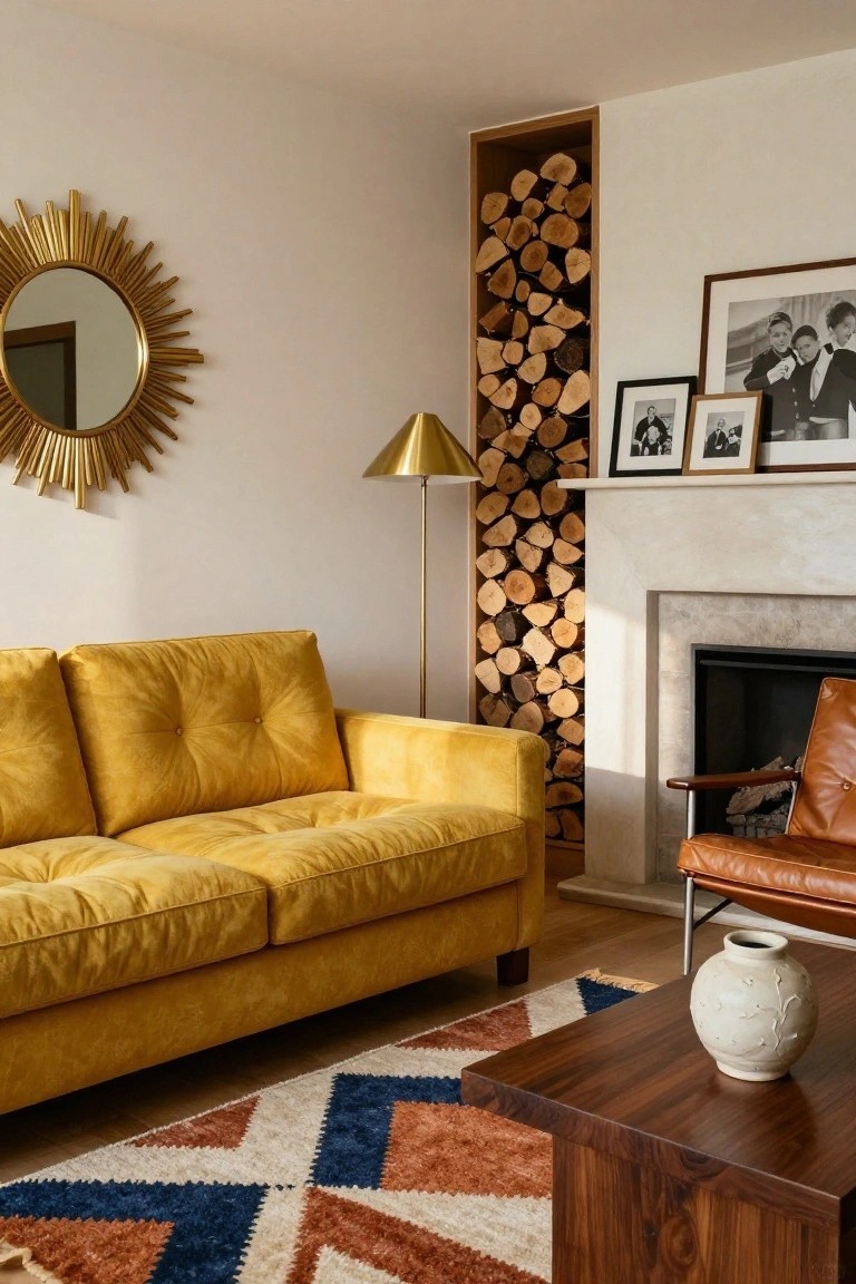 Living room with mustard yellow tufted sofa facing fireplace, built-in firewood storage niche beside hearth, gold sunburst mirror on wall, brass floor lamp, tan leather armchair, wood coffee table, and geometric patterned rug on hardwood floor.