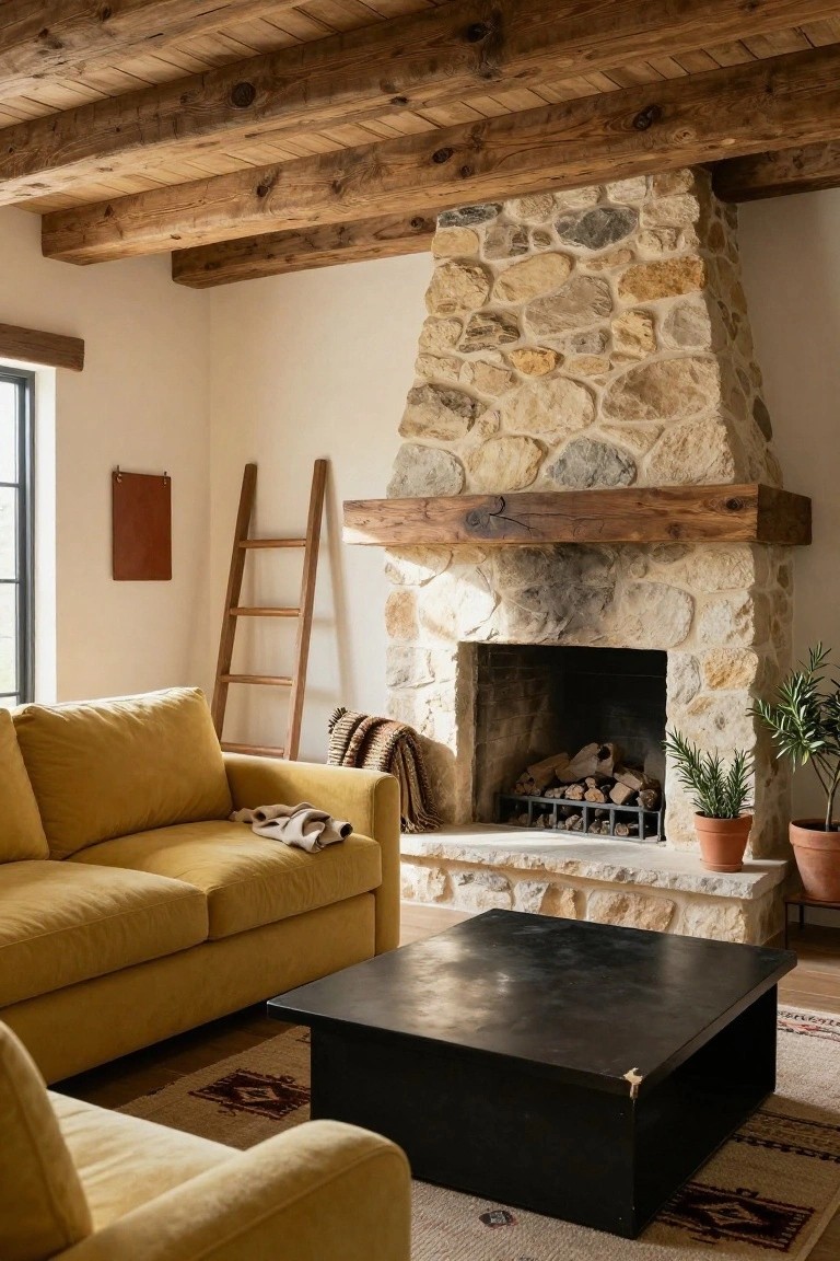 Living room with mustard yellow sofa facing a tall stone fireplace, wooden ceiling beams, wooden ladder, black coffee table, woven rug, and potted plants.