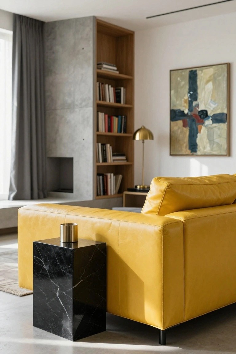 Modern living room with yellow L-shaped leather sofa next to black marble side table holding brass cup, concrete accent wall with fireplace recess, wooden bookshelves, gold lamp on wood table, abstract painting on wall, and gray curtains over window.