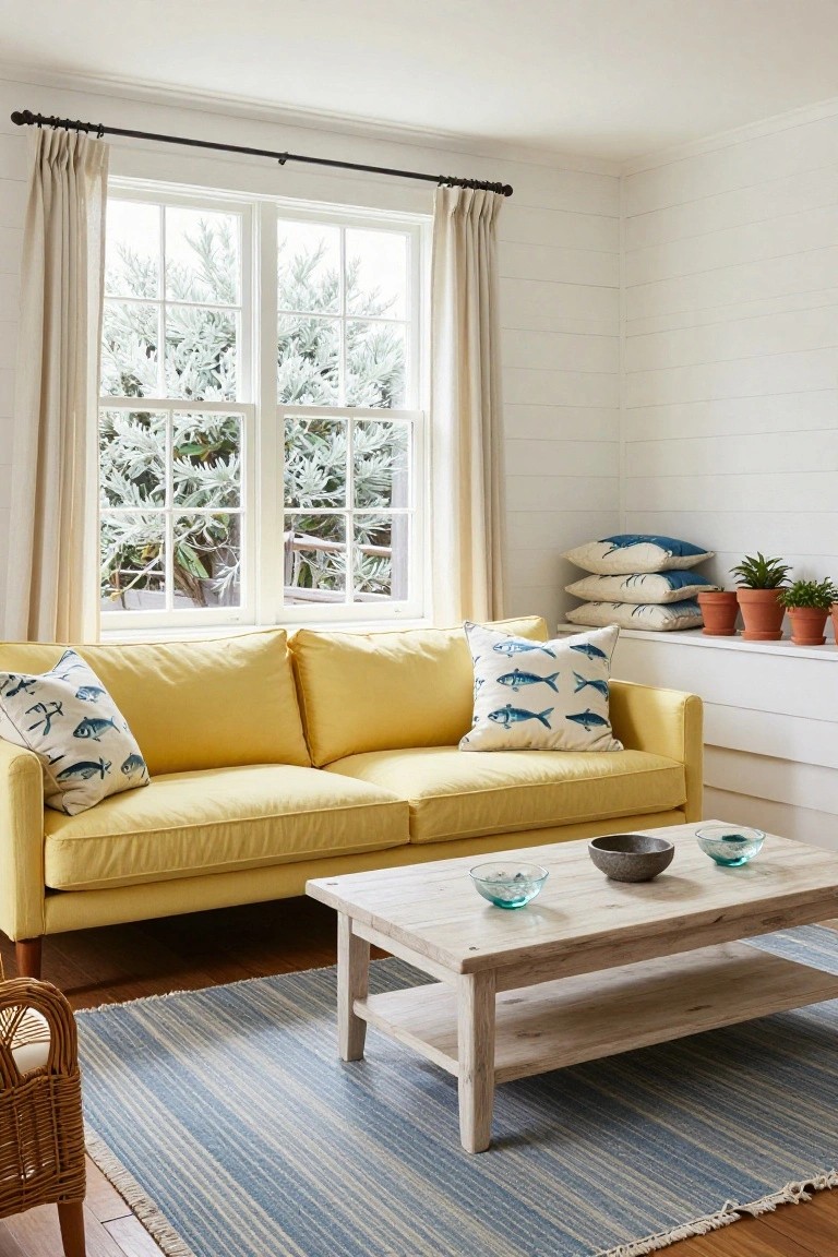 Bright yellow sofa with blue fish-patterned pillows in a white shiplap-walled living room, large window with beige curtains overlooking trees, wooden coffee table with glass bowls, blue striped rug, and potted plants on a shelf.
