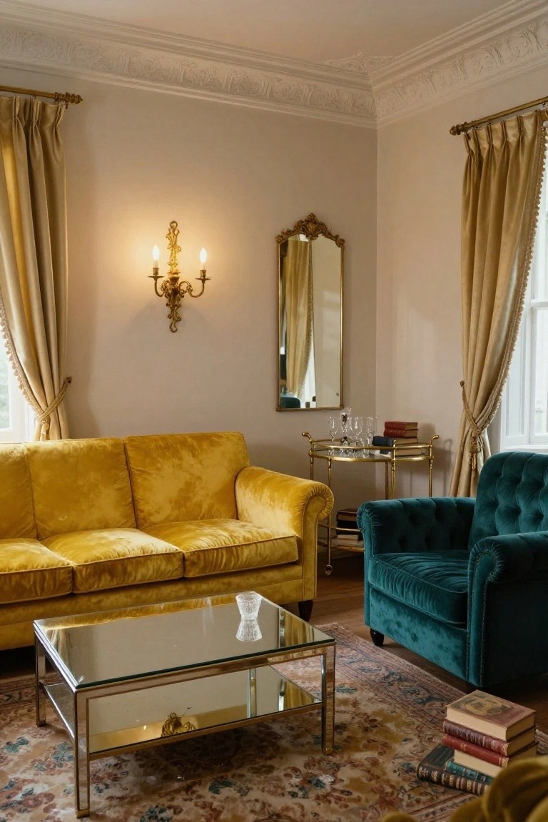 Living room corner with mustard yellow velvet three-seat sofa, emerald green velvet armchair, brass bar cart holding glasses and books, mirrored glass coffee table, patterned rug, gold wall sconce and ornate mirror, beige walls, and gold-trimmed yellow drapes.
