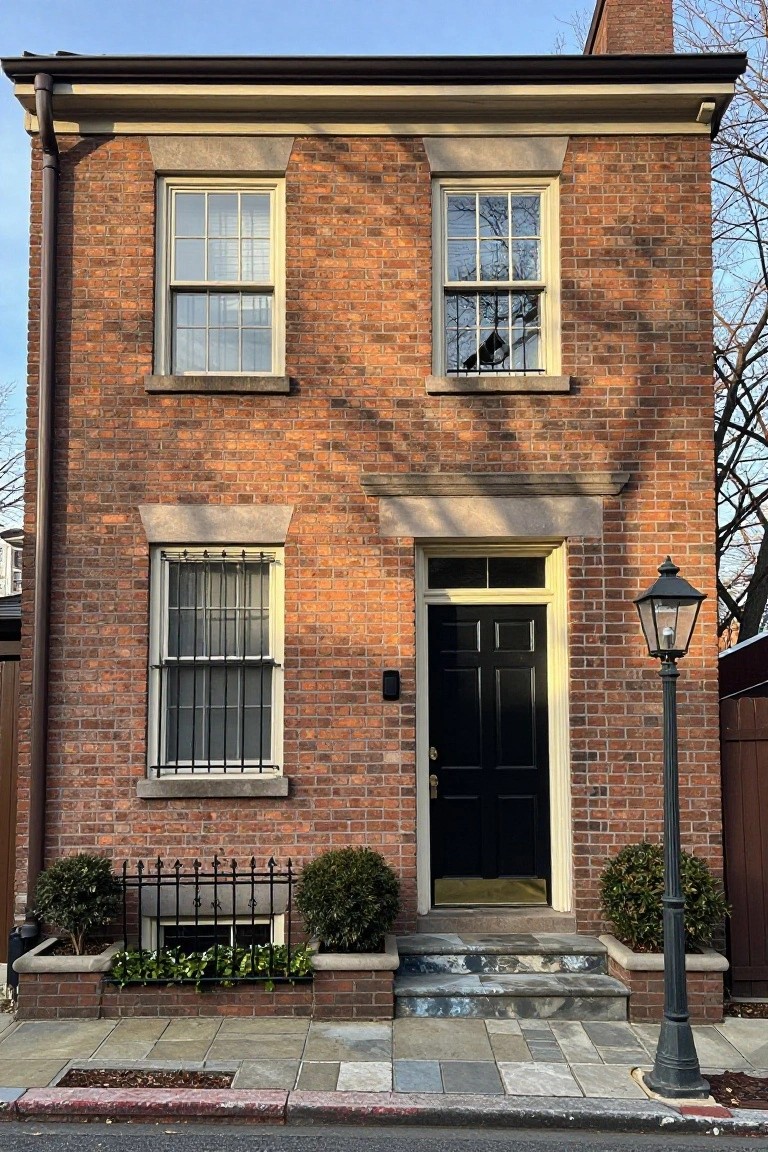 A two-story red brick townhouse with symmetrical double-hung windows, black front door, wrought iron grilles, stone steps, boxwood shrubs, and a street lamp on a paved sidewalk.