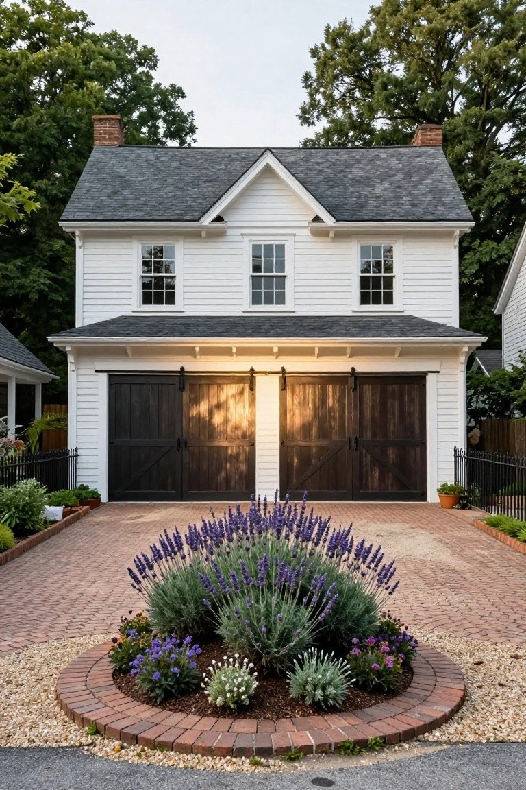 White clapboard colonial house with gabled gray roof, attached garage featuring dark sliding barn doors, brick driveway, and circular front garden bed with lavender and gravel.