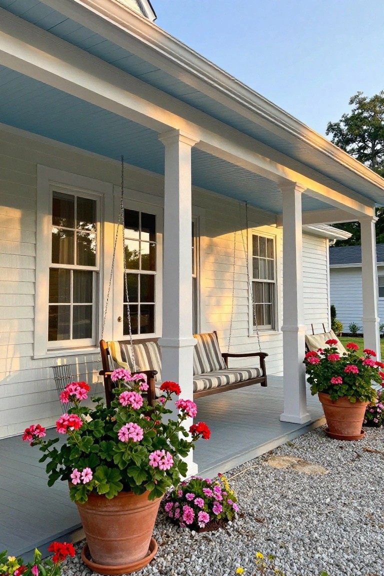 White clapboard house with light blue porch ceiling, white columns supporting the roof, hanging wooden porch swing with striped cushions, two upholstered chairs, and large terracotta pots of pink and red geraniums flanking the gray porch deck on gravel ground.