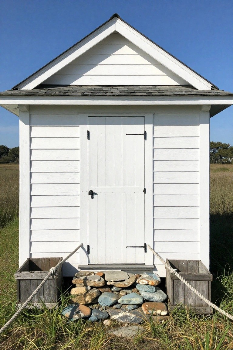 Small white clapboard shed with gabled gray shingle roof and centered white door with black hardware, elevated on fieldstones with wooden crates on sides, in grassy area near trees and marsh.