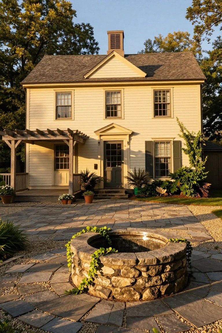 Two-story yellow clapboard colonial house with gabled roof, symmetrical multi-pane windows, central pedimented entry door, pergola-covered porch, stone patio with well feature, and surrounding plants and trees.