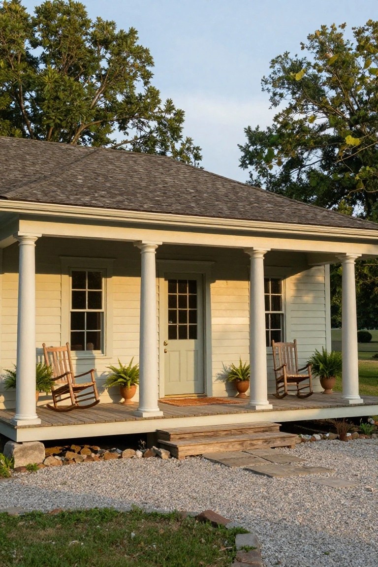 Light beige clapboard house with gabled roof and covered front porch supported by four white fluted columns, two wooden rocking chairs with potted ferns beside a green door, wooden steps leading to gravel path, surrounded by trees and grass.