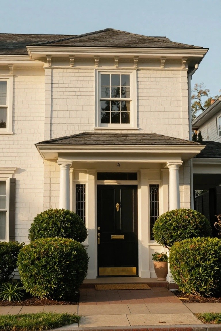 White shingle-sided two-story house exterior featuring a gabled front porch with two white columns, a black door with brass knocker, flanked by spherical boxwood shrubs, and a brick walkway.