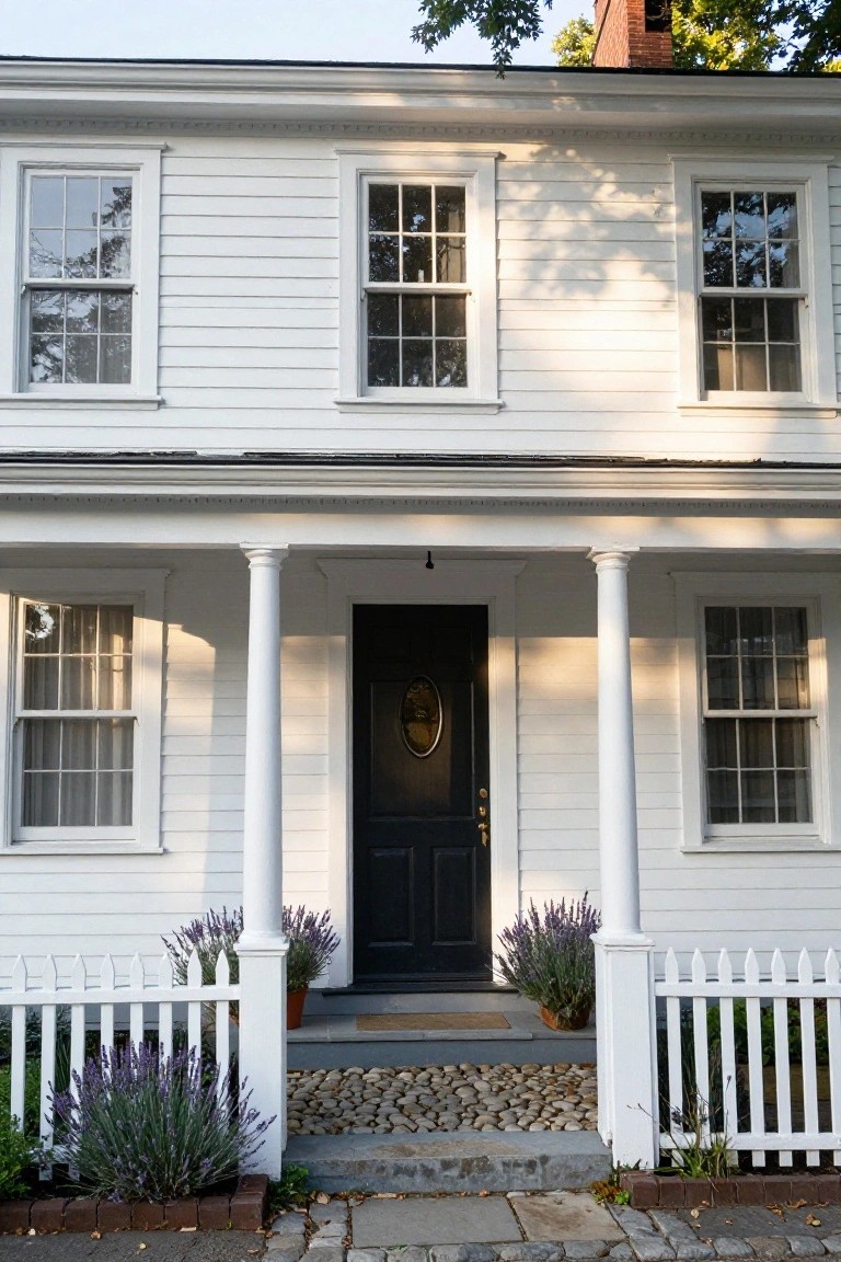 White clapboard two-story Colonial house with columned front porch, centered black door, symmetric windows, lavender plants in pots, white picket fence, and stone path.
