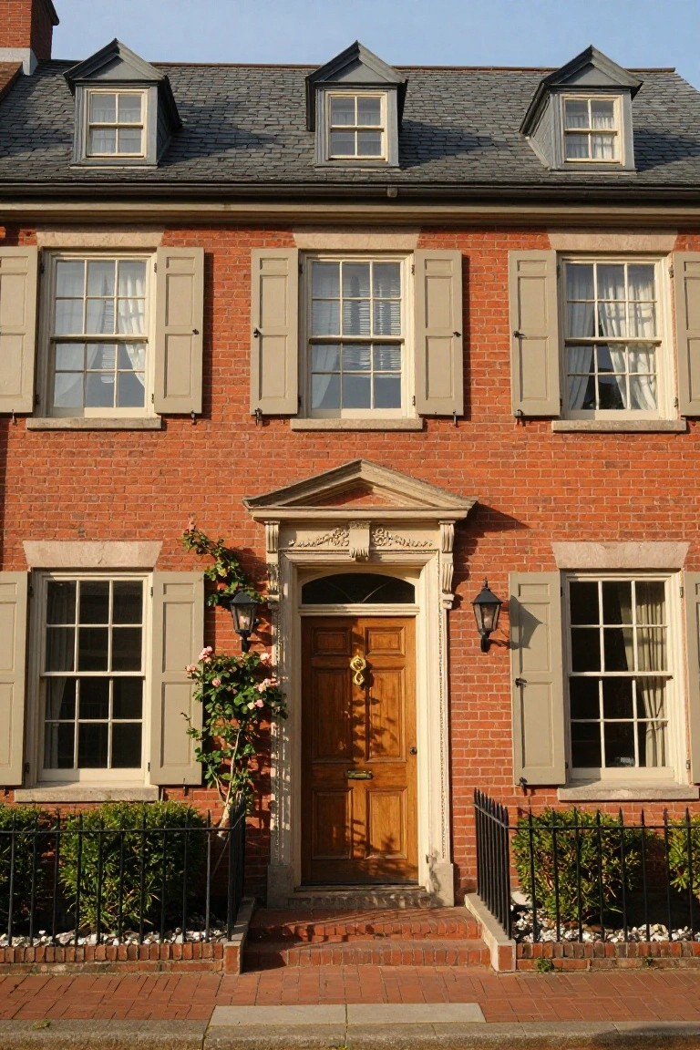 Red brick three-story Colonial townhouse with slate roof and dormers, multi-pane windows with beige shutters, pedimented wood front door with brass knocker and handle, wall lanterns, climbing roses, iron fence, and shrubs.