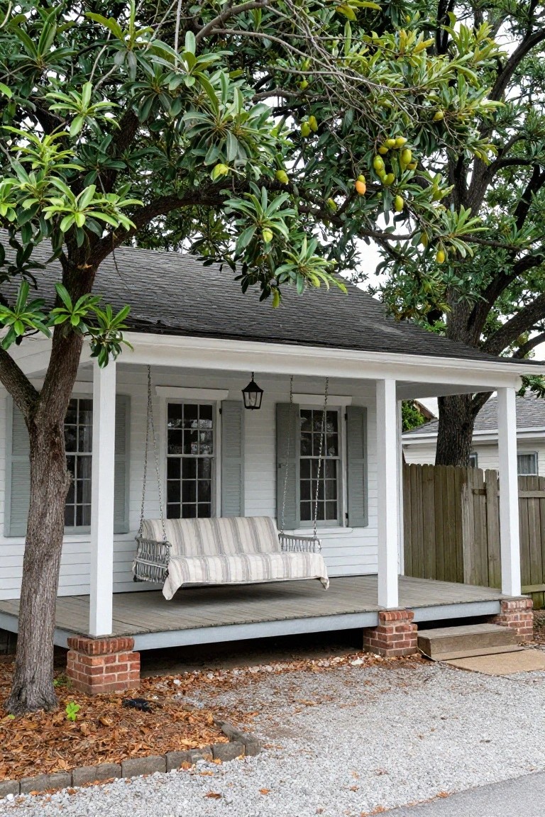 Small white clapboard house with gray shutters and black shingle roof, featuring a deep covered front porch with white columns, a hanging wicker swing with striped cushions, live oak trees overhead, and a gravel driveway on brick piers.