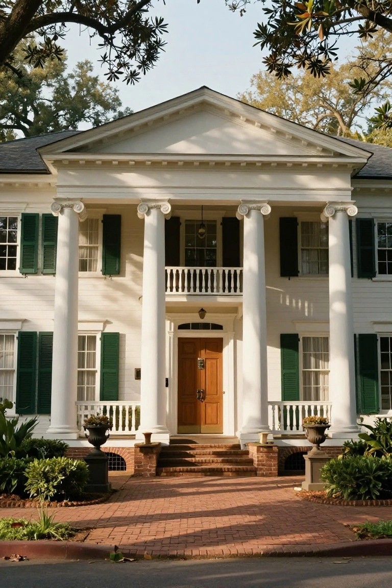 White two-story house with four tall fluted columns supporting a covered porch over the central wooden front door, green shutters on multi-pane windows, brick entry steps, potted plants, and surrounding landscaping on a brick walkway.