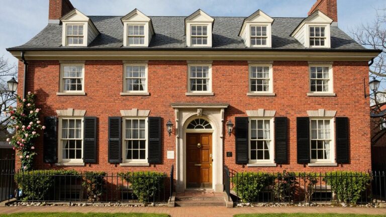 Red brick three-story Colonial townhouse with slate roof and dormers, multi-pane windows with beige shutters, pedimented wood front door with brass knocker and handle, wall lanterns, climbing roses, iron fence, and shrubs.