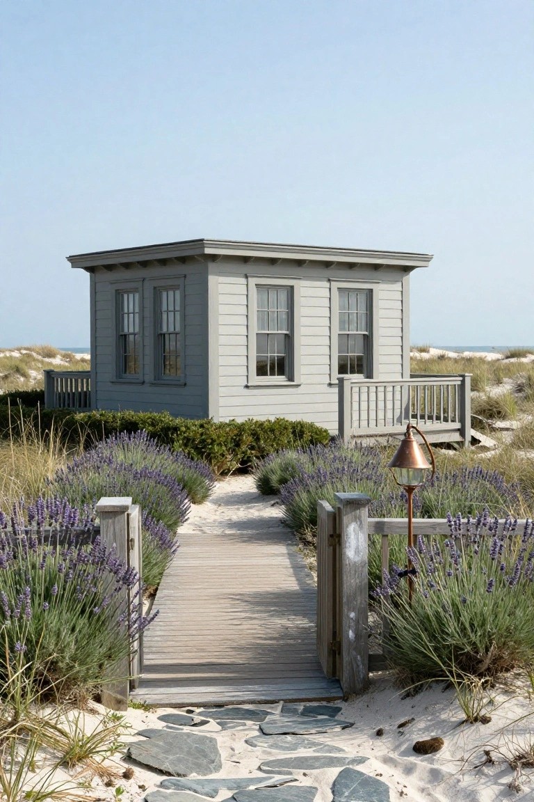 Small gray shingled pavilion with white multi-pane windows and deck on sand dunes, approached by wooden boardwalk path through lavender plants and beach grass toward ocean.
