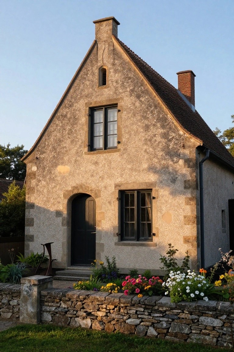 A small two-story house with textured beige plaster walls, steep gabled red-tiled roof, arched black front door, dark-framed windows, brick chimney, and colorful flower garden along a stone wall in front.