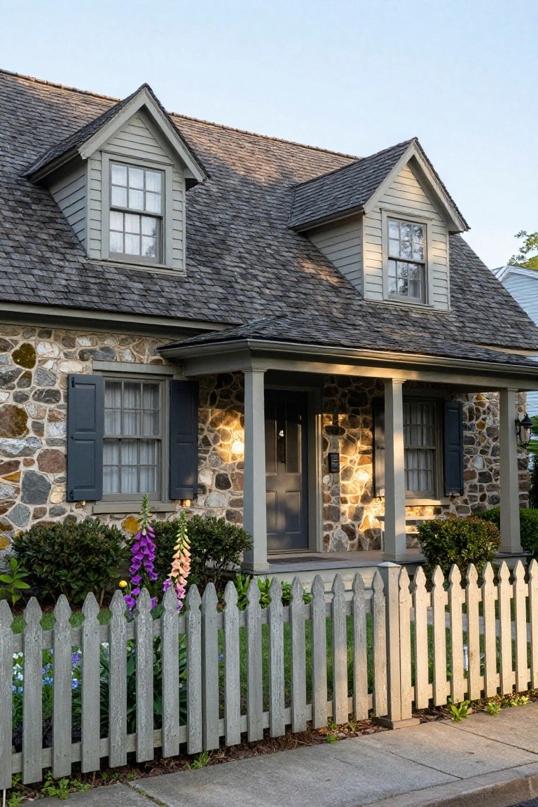 Two-story house exterior with fieldstone lower walls, gray wood siding and trim, gabled dormers, covered front porch with gray door, and white picket fence along the sidewalk.
