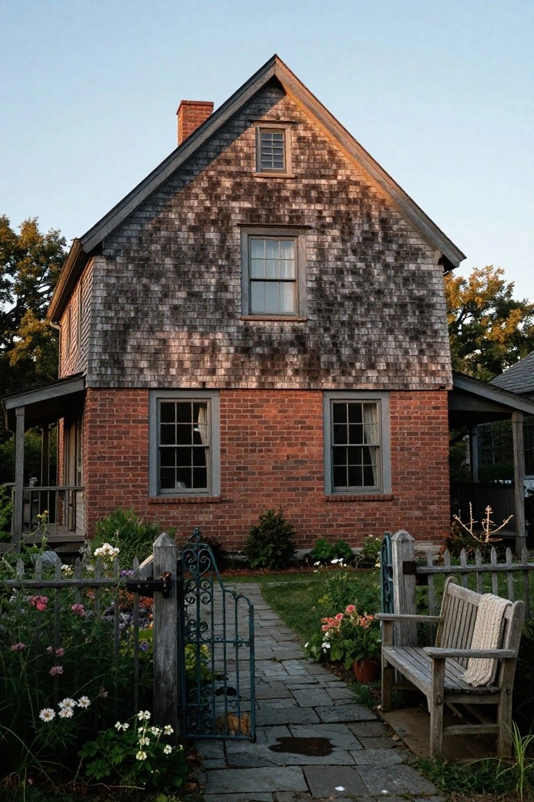 Two-story house with weathered gray shingle siding on gabled roof and upper walls, red brick base and chimney on left side, front porch, iron garden gate, flower beds, stone path, and wooden bench.