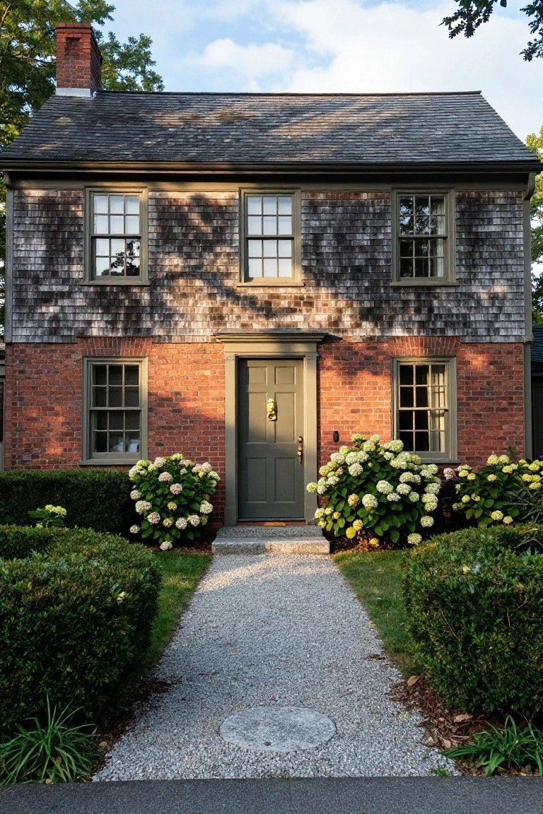 Two-story Colonial house with gray shingle siding on upper level, red brick foundation and chimney, centered dark green door, symmetrical multipane windows, flanked by white hydrangea shrubs and gravel path leading to entry.