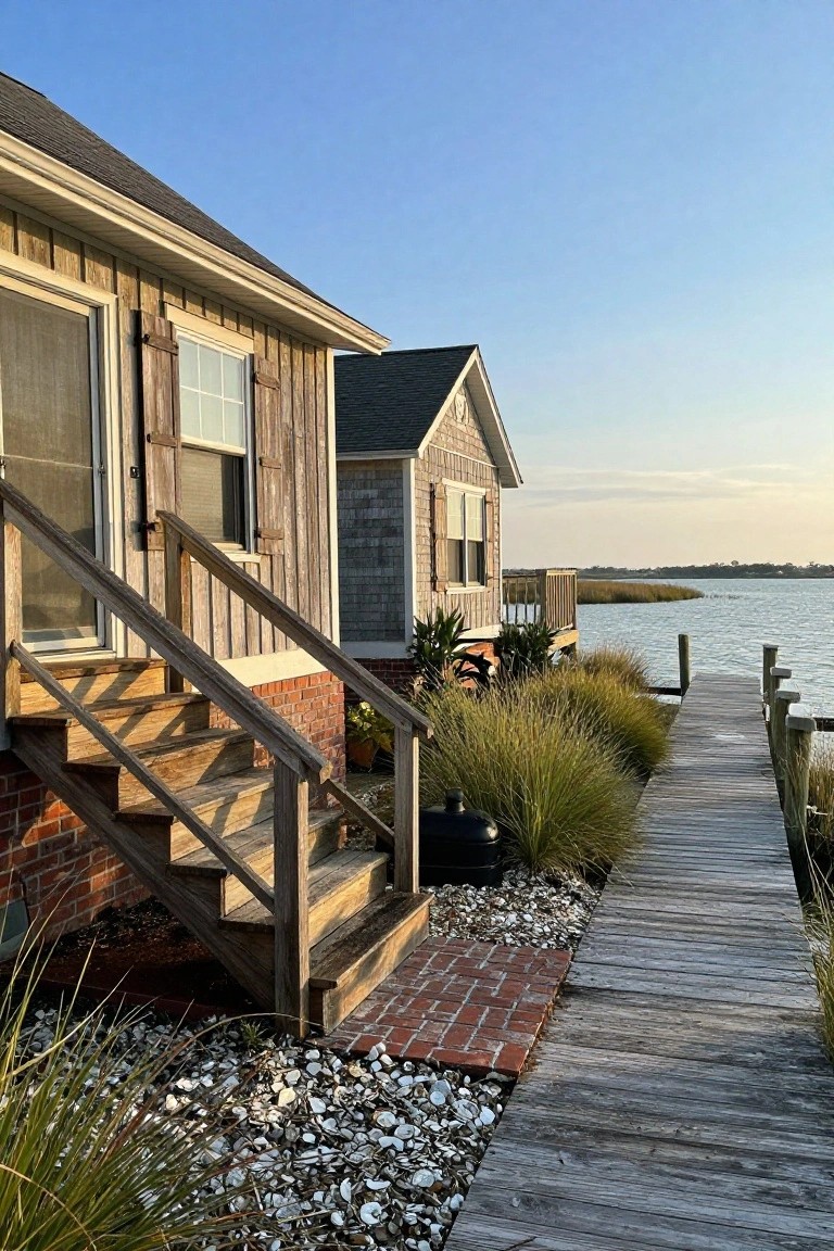 Side view of two waterfront cottages, the nearer one with vertical wood siding, screened door, wooden stairs, and brick base next to a wooden pier extending over marshy water amid grasses and gravel.
