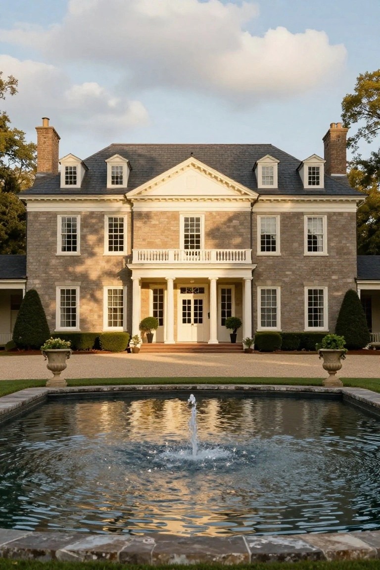 Two-story beige brick colonial house with slate roof, dormer windows, central white portico entry, gravel driveway, and rectangular fountain pool in foreground surrounded by low hedges and trees.