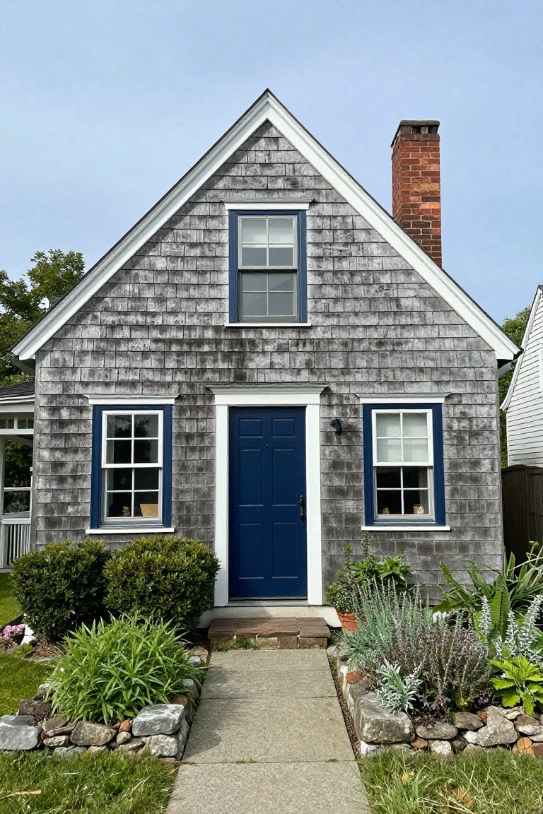 Gray shingled gabled house with white trim, navy blue front door and window frames, brick chimney, concrete entry path, and front landscaping with shrubs and stone edging.