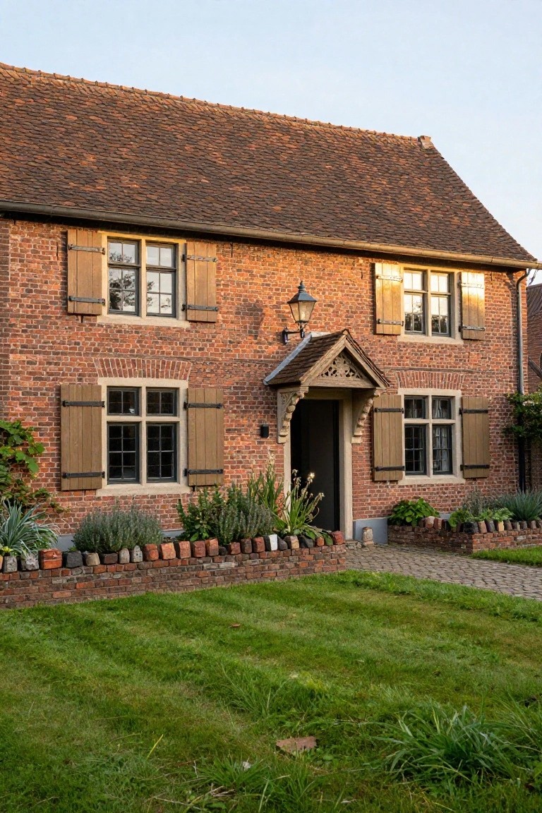 Two-story brick house exterior featuring wooden shutters on multi-pane windows, a carved wooden porch hood over a dark front door, a lantern light, low brick garden border with plants, gravel path, and green lawn in evening light.