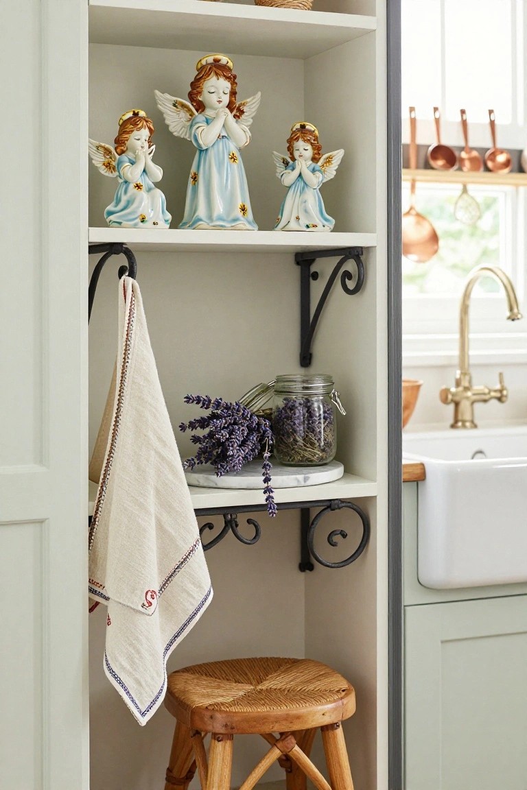 Open kitchen shelving with three blue porcelain angel figurines praying on the top shelf, dried lavender bundle and jar on the middle shelf, a hanging linen towel on a bracket, and a woven wood stool below, viewed through a glass door toward a white farmhouse sink.
