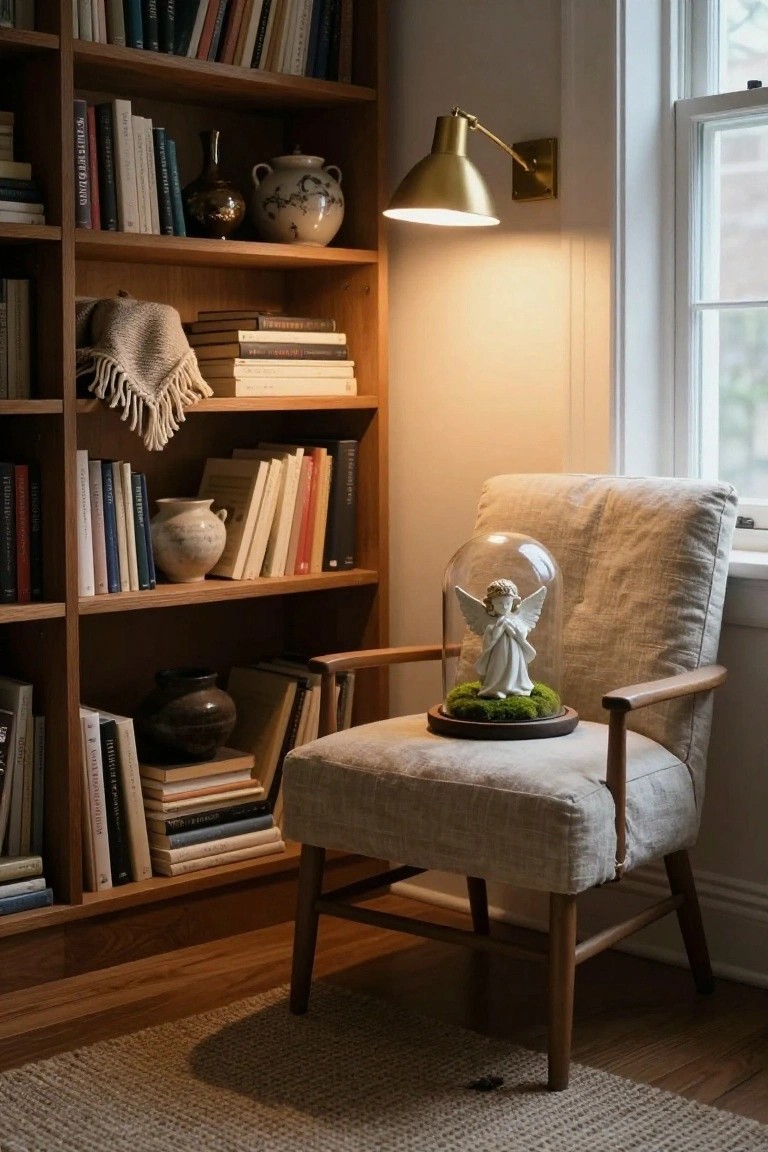 Wooden bookshelves filled with books and ceramics surround a beige armchair with a glass-domed white angel figurine on preserved moss placed on the seat, illuminated by a gold wall lamp next to a window in a warmly lit room.