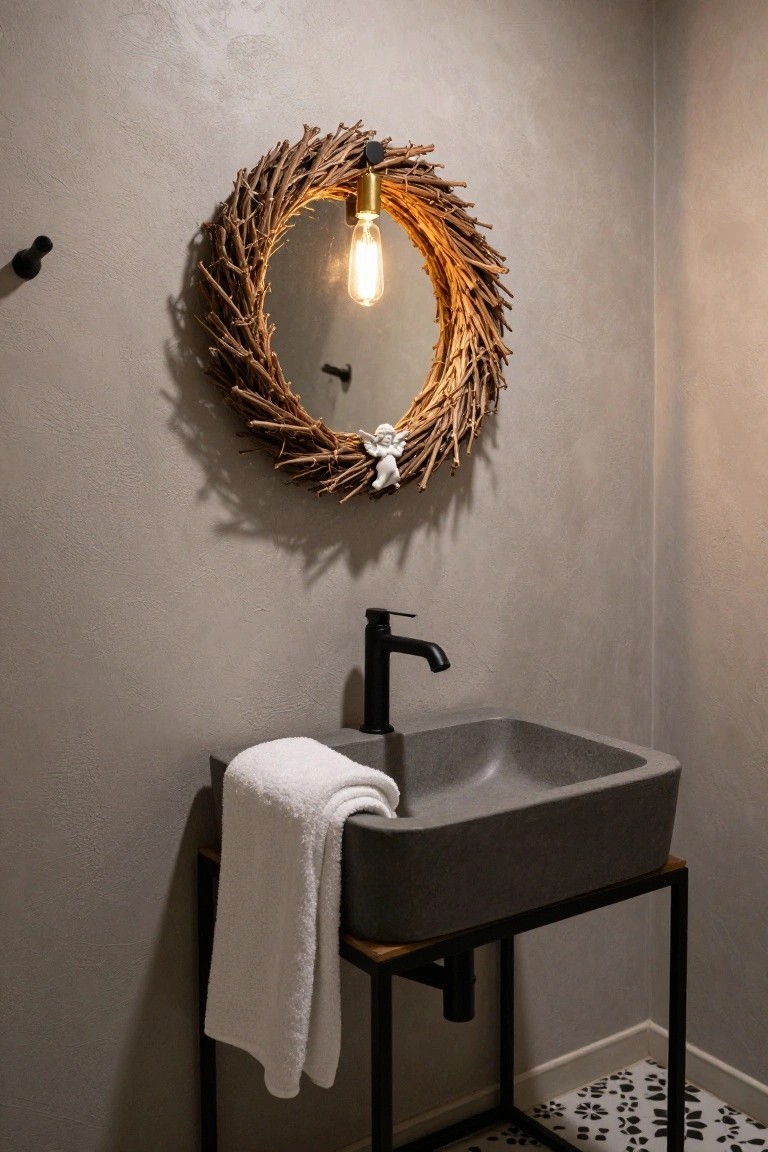 Close-up of a small bathroom with a round mirror in a twig wreath holding a white angel ornament, lit by a bulb, above a gray concrete sink on a black metal stand with a white towel draped over it, against beige textured walls and black-and-white patterned floor tiles.