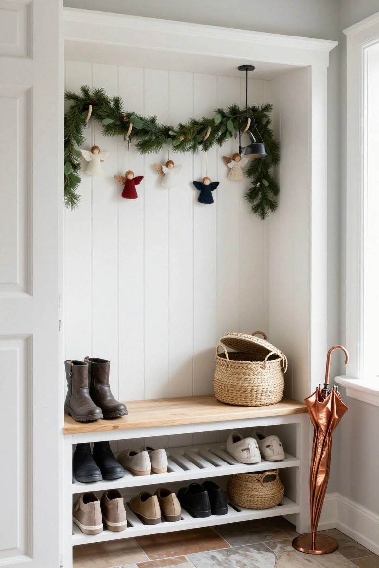 White shiplap built-in mudroom cabinet with wooden bench, shoe racks holding various footwear, wicker baskets, tall brown boots on bench, open seagrass basket, copper umbrella stand, evergreen garland draped across top with small hanging felt angel ornaments in white, red, and blue.