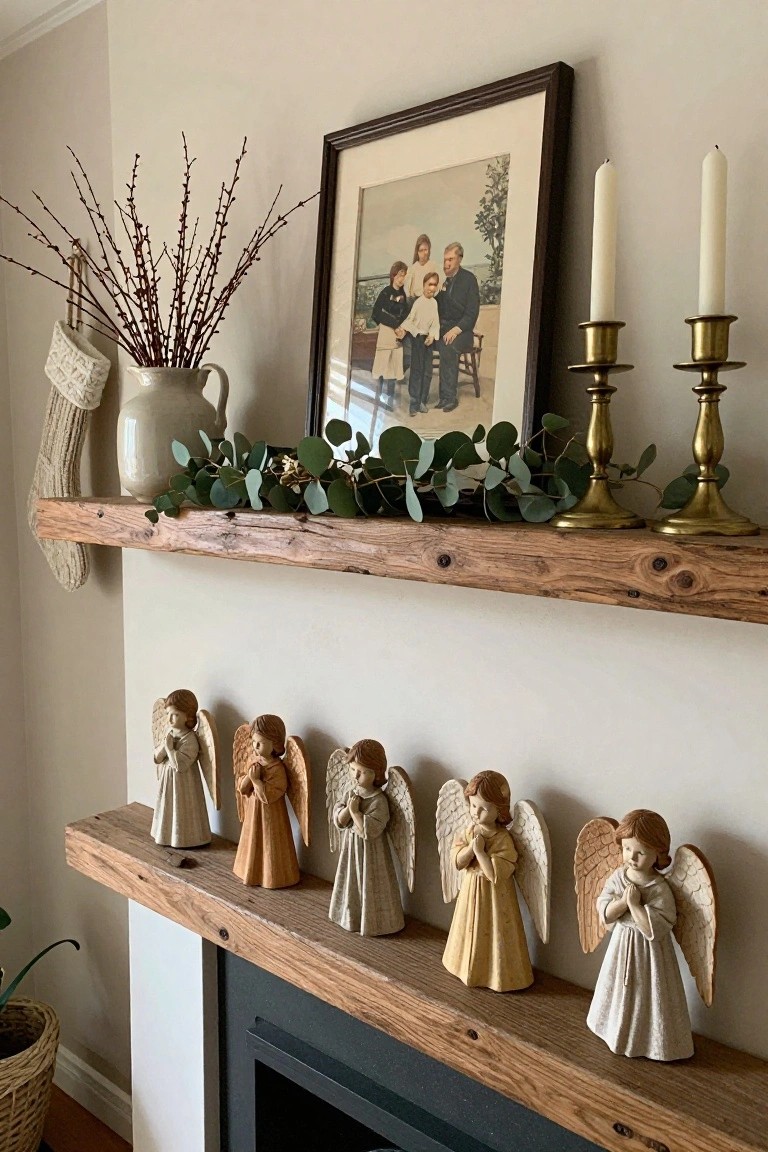 A rustic wooden mantel shelf above a black fireplace holds six angel figurines in white, beige, peach, orange, and gold tones standing in a row, with a floating shelf above displaying candles, eucalyptus garland, branches in a vase, and a framed family photo.