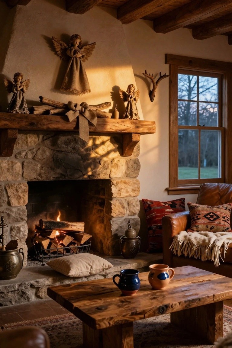 Rustic interior room with stone fireplace burning logs, wooden mantel topped with angel figurines and antlers, wooden beams, leather armchair with pillows, and window overlooking winter landscape.