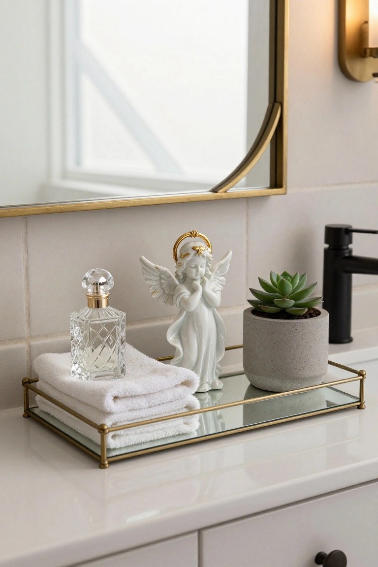 Gold wire tray on white bathroom countertop holding stacked white towels, crystal perfume bottle, white angel figurine with gold halo, and gray pot with succulent plant, beside black faucet and gold arched mirror.