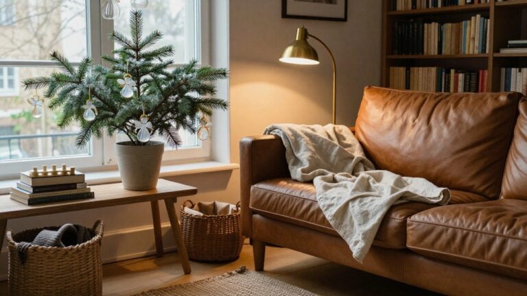 Living room corner with a small flocked Christmas tree decorated with glass angel and drop ornaments in a bay window, next to a tan leather sofa, woven basket, gold arc lamp, and wooden bench.