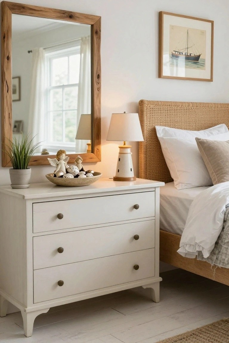 White three-drawer nightstand holding angel figurines, seashell bowl, and lighthouse lamp next to rattan headboard bed, rustic mirror, and potted plant in bedroom corner.