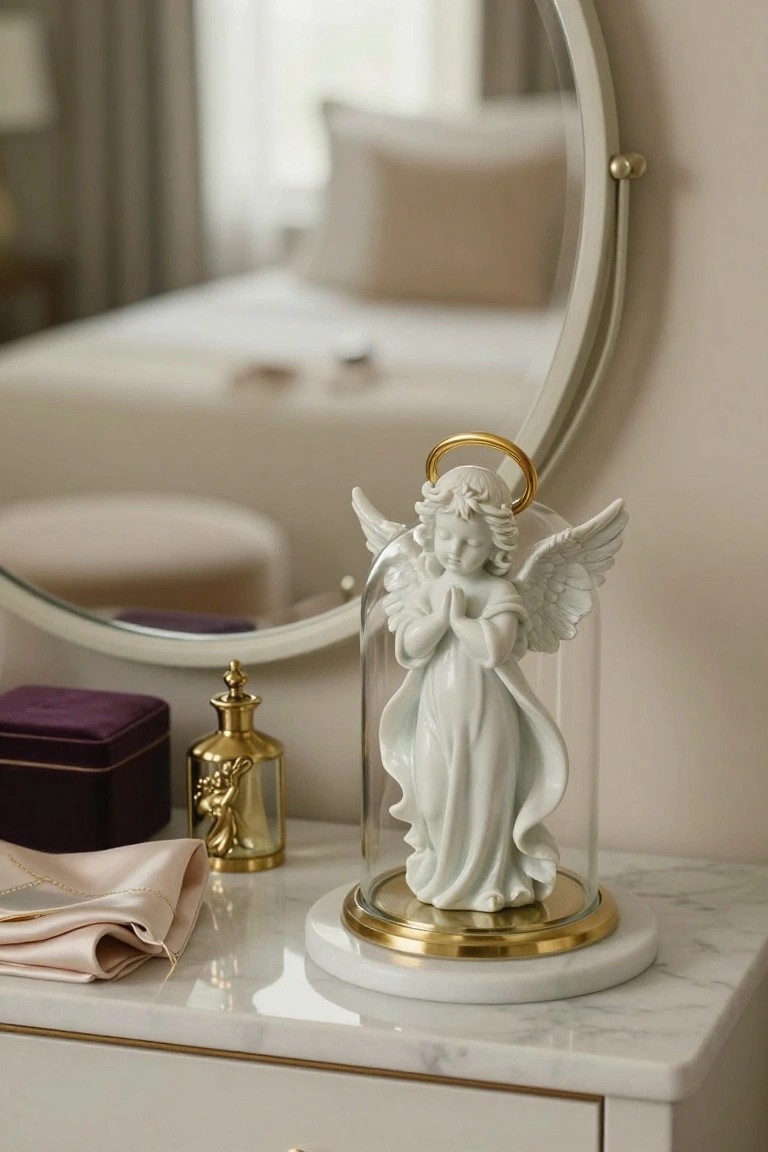 White porcelain cherub angel figurine with wings, halo, and praying hands displayed under a clear glass dome on a gold-based marble dresser top next to gold perfume bottles and a purple jewelry box.