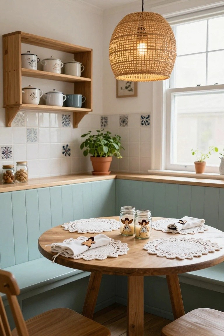 Cozy turquoise corner bench kitchen nook with round wooden table set for two, white napkins with wooden angel ornaments, mason jar candles with angel figures on crochet doilies, wooden shelves holding enamelware pots, plants in terracotta pots, blue and white tiled walls, and rattan pendant light.