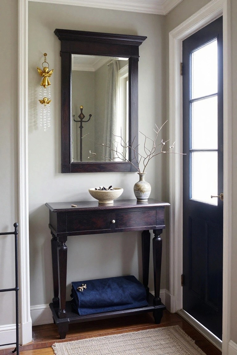 Entryway corner with gray walls, dark wood framed mirror, hanging gold angel ornament with beads and bells, wood console table holding a blue throw, ceramic bowl with stones, tall vase with branches, white coat rack, black door, and seagrass rug on wood floor.