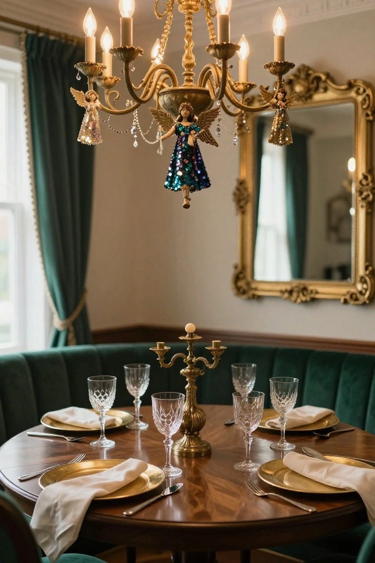 Elegant dining room featuring a gold chandelier with dangling angel Christmas ornaments, a round wooden table set with gold plates, white napkins, crystal glasses, and a brass candelabra centerpiece, green velvet booth seating, and a large gold-framed mirror on the wall.
